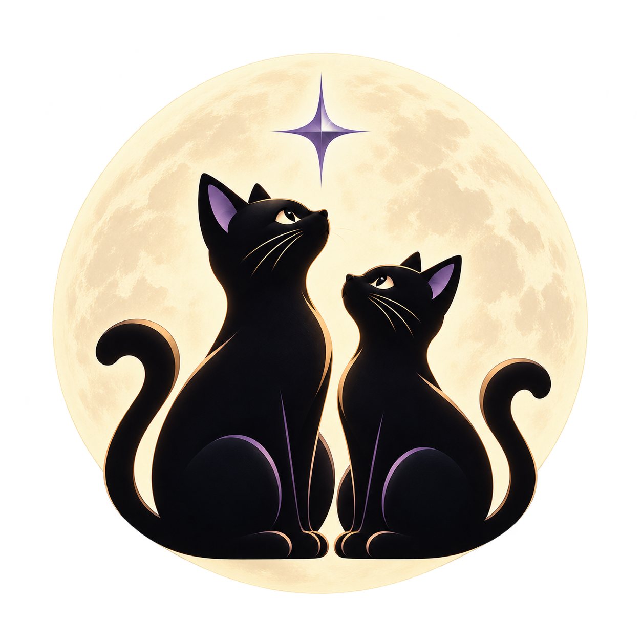 Two black cats under a gold crescent — the Starry Cinema emblem